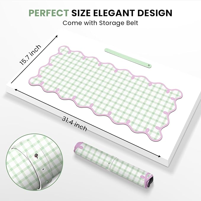 Leather Desk Pad, Desk Mat Mouse Pad, Non-Slip Mousepad Waterproof PU Table Cover Blotter for Computer Laptop Extra Large Keyboard Mat for Women Girl Office Home Dorm, Soft Pink + Green Checkered