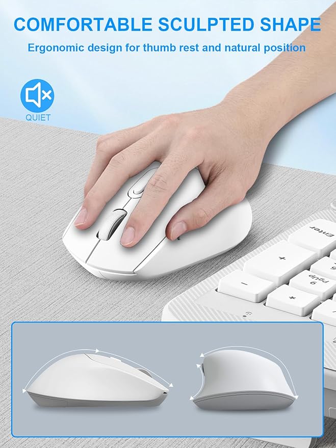 Wireless Keyboard and Mouse Combo, Wave Keys Computer Ergonomic Keyboard with Cushioned Plam Rest, Phone Holder, 2.4GHz Silent 6 Button Wireless Mouse Set for Laptop, PC, Windows, Mac (White)