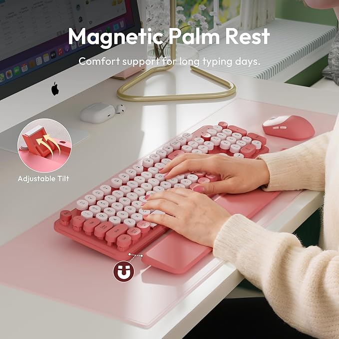 Wireless Keyboard and Mouse Combo, Typewriter Keyboard with Magnetic Wrist Rest, Full-Size Cute Round Keycaps, Sleep Mode, 2.4G Keyboards for Mac/Windows/PC, Office or Home, Trueque CK23Pro