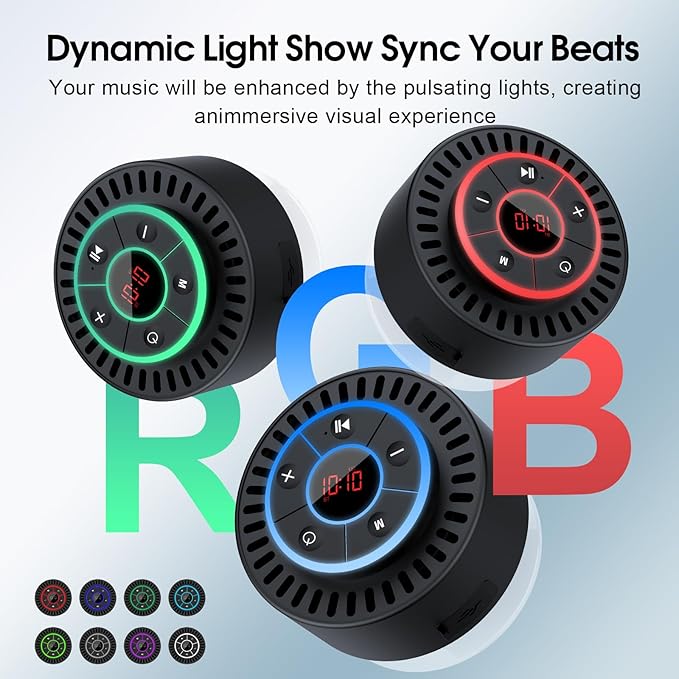 Bluetooth Speaker, Shower Speaker IPX7 Waterproof, Speakers Bluetooth Wireless with Rich Bass, Portable Speaker with LED Light, Suction Cup,8H Playtime, for Bathroom Party Beach, Ideal Gifts, Black