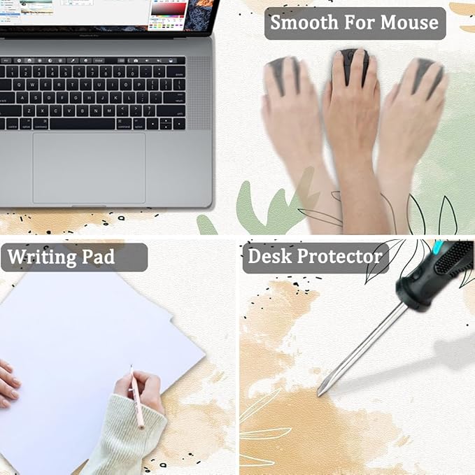 Large Mouse Pad, Desk Mat for Desktop, Dual Side PU Leather Waterproof Gaming Mousepad Desk Pad, Desk Protector Writing Pads Desk Accessories for Office and Home (E-Watercolor Plants, 31.5''X15.8'')