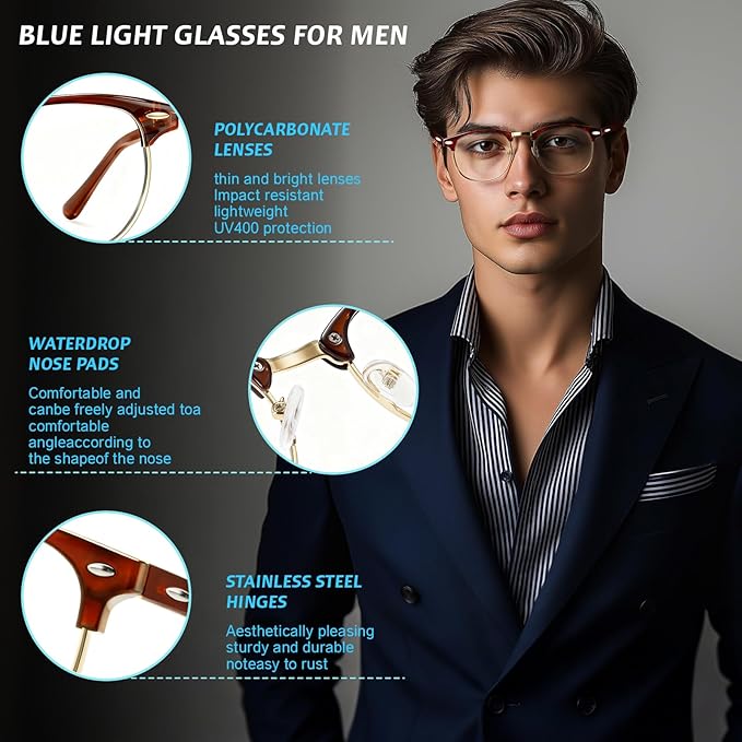 Blue Light Glasses Men and Woman, 99% Blue Light Blocking Glasses for Computer Gaming TV Phone Screen Half Frame