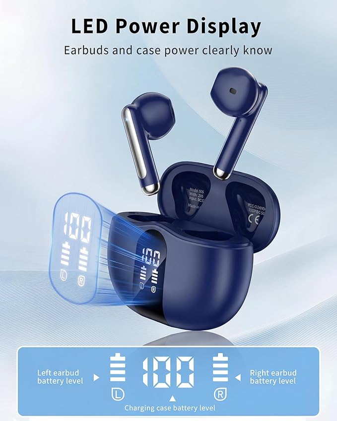 Wireless Earbuds, Bluetooth 5.4 Headphones HiFi Stereo, Ear Buds with 50H Playback, LED Display Wireless Earphones Clear Calls, IP7 Waterproof, Bluetooth Earbuds for Laptop/Phones/Sports, Navy Blue