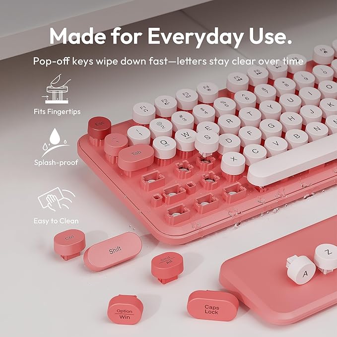 Wireless Keyboard and Mouse Combo, Typewriter Keyboard with Magnetic Wrist Rest, Full-Size Cute Round Keycaps, Sleep Mode, 2.4G Keyboards for Mac/Windows/PC, Office or Home, Trueque CK23Pro