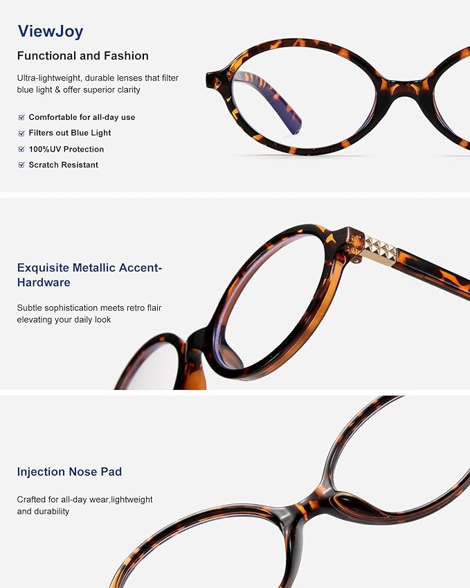 ViewJoy Retro Oval Blue Light Glasses for Women Fashion Computer Glasses Bluelight Blocking Eyewear Vintage Frame