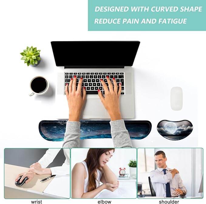 Keyboard Wrist Rest Mouse Wrist Support Set, Memory Foam Wrist Rest Pad for Computer Laptop Keyboard Mouse, Ergonomic Wrist Cushion Support for Typing Pain Relief, Gaming Home Office, Moonlit Night