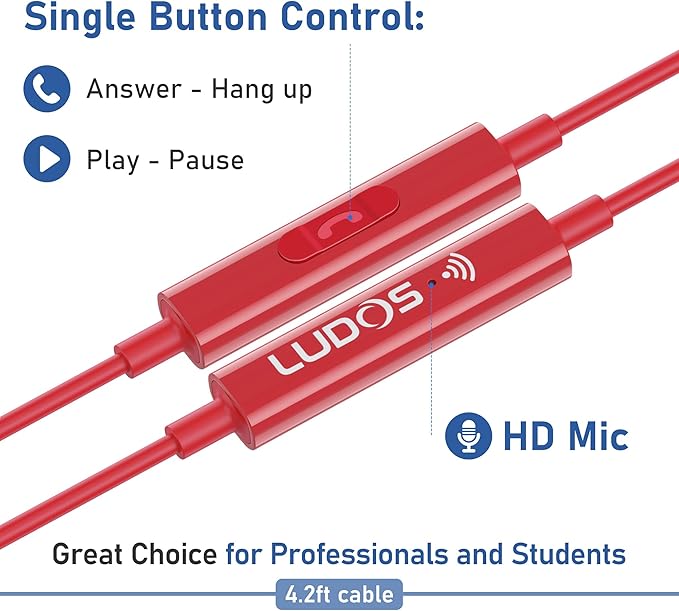 LUDOS FEROX Wired Earbuds in-Ear Headphones, 5 Year Warranty, Earphones with Microphone, Noise Isolation Corded for 3.5mm Jack Ear Buds for iPhone, Samsung, Laptop, Kids, School Students - Red