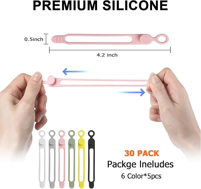 30Pcs Nearockle Silicone Cable Ties for Bundling Earphone, Phone Charger, Computer Cords, Reusable Cord Organizer Cable Management in Home,Office,Kitchen,School (6 Colors) - Image 2