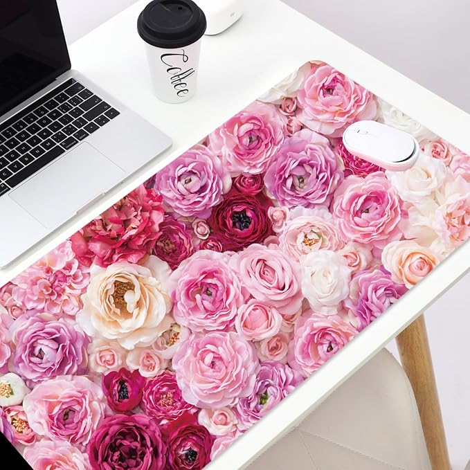 Pink Rose Desk Mat for Keyboard and Mouse，Computer Desk Matt for Desktop，Large Mouse Pad for Desk，Desk Pads on Top of Desks 15.7" x 31.5"