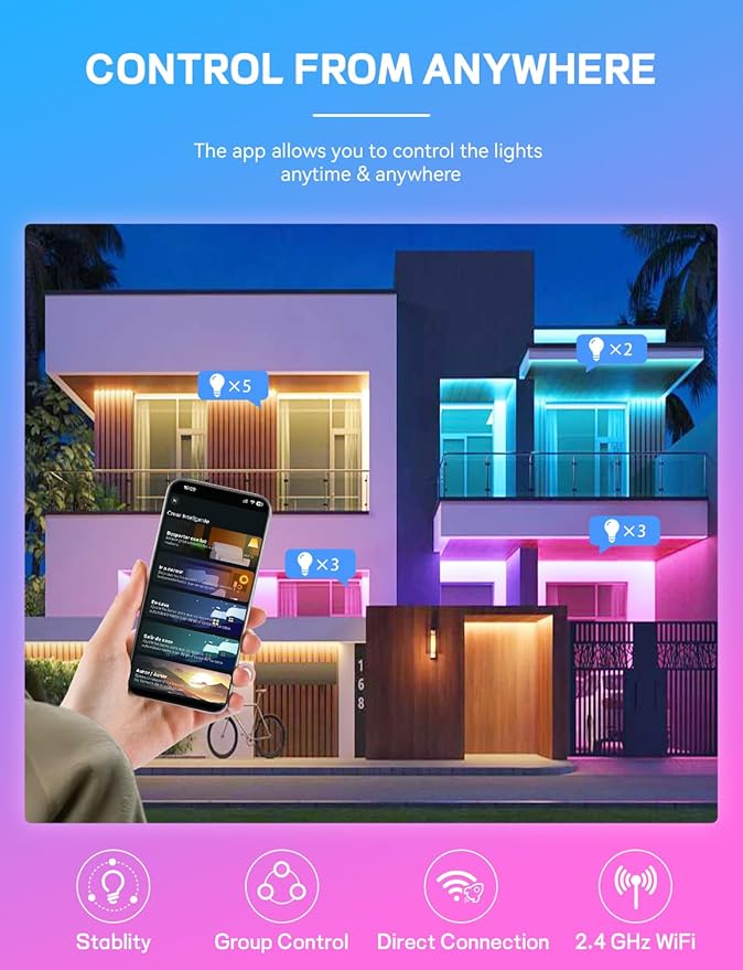 Smart Light Bulbs, WiFi & Bluetooth 5.0, Work with Alexa Google Assistant, App Control, Color Changing LED Bulb,E26 800LM Dimmable RGB Lights, Smart Home Lighting, Dimmable, 4Pack with Remote