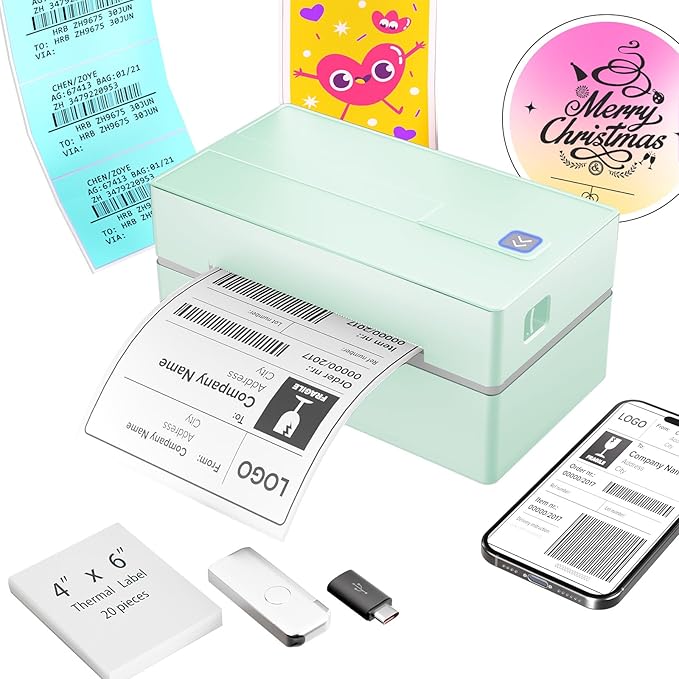 Bluetooth Thermal Shipping Label Printer: 4x6 Wireless Label Maker with Tape for Small Business - Compatible with iPhone, Android, Windows & Mac, Widely Used for USPS UPS Ebay Amazon Shopify, Green