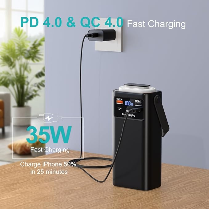 Power Bank 52800mAh PD 35W High Capacity Battery Pack with Built-in 4 Cables & LED Flashlight - 8 Port Portable Charger for Travel, Outdoor, and Multiple Device Charging