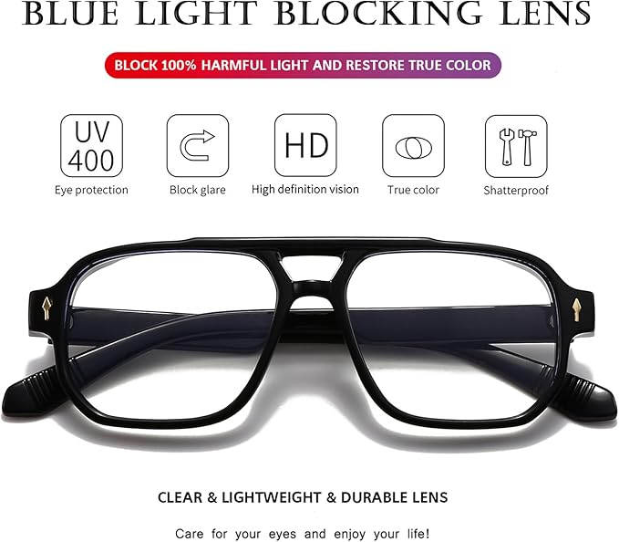 PORADAY Blue Light Blocking Glasses for Women Men 70s Retro Square Aviator Eyeglasses Rectangle Computer Eyewear