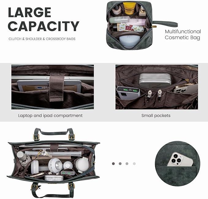 LOVEVOOK Laptop Bag for Women Vintage Leather Laptop Tote 15.6 inch Large Capacity Computer bag with Clutch Purse for Work
