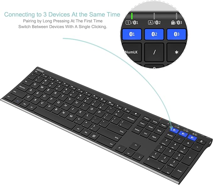 Arteck HB192 Universal Bluetooth Keyboard Multi-Device Stainless Steel Full Size Wireless Keyboard for Windows iOS Android Computer Desktop Laptop Surface Tablet Smartphone Rechargeable Battery