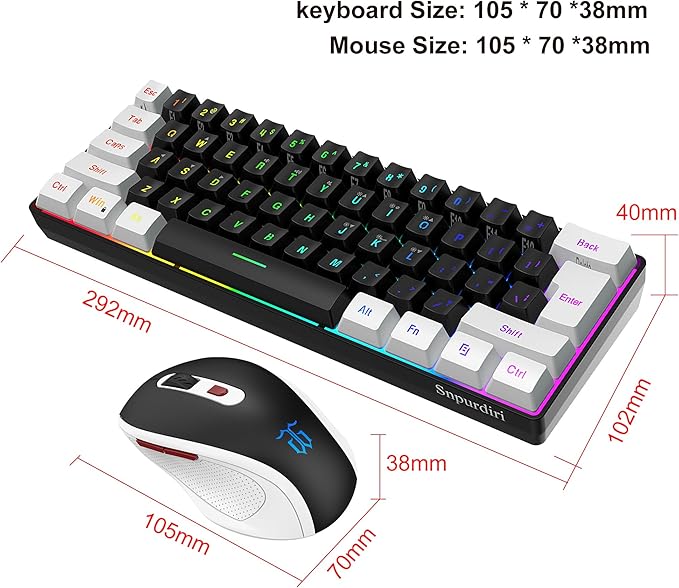 Snpurdiri 2.4G Wireless Gaming Keyboard and Mouse Combo, Include Small 60% Merchanical Feel Keyboard, Ergonomic Design Mini Wireless Mouse(White and Black)