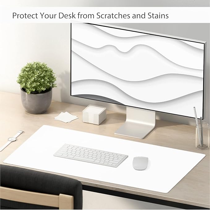 TOWWI Dual Sided Desk Pad, Large Desk Mat, Waterproof Desk Blotter Protector Mouse Pad, Leather Desk Pad Large for Keyboard and Mouse (24" x 14", White/Silver)