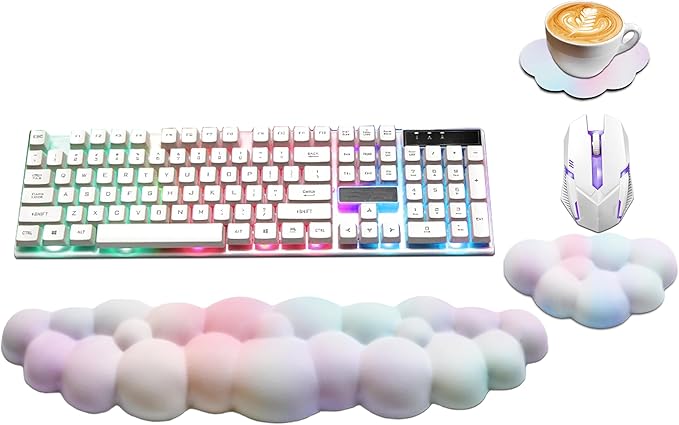 Cloud Wrist Rest Keyboard, PU Leather Memory Foam Wrist Support for Computer Keyboard, Ergonomic Keyboard Pad and Cute Mouse Wrist Pad for Gaming, Office, Computer, Easy Typing Pain Relief, Rainbow