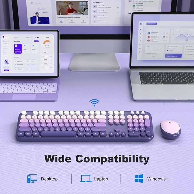 Wireless Keyboard and Mouse, 2.4G USB Retro Full Size Typewriter Keyboard and Cute Mouse Combo for Windows 7/8/10, Laptop, Desktop, PC, Computer (Purple)