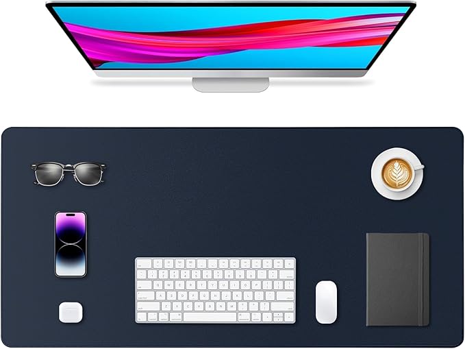 Leather Desk Pad Protector, Office Desk Mat, Large Mouse Pad, Non-Slip PU Leather Desk Blotter, Waterproof Computer Desk Writing Pad for Office and Home (Dark Blue, 36" x 17")