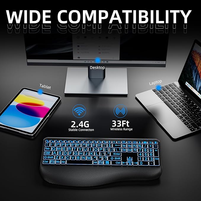 Large Print Backlit Wireless Keyboard – Silent Keyboards with Wrist Rest, 7-Color Light up, Quiet Low Profile Keys, 2.4G Wireless Rechargeable Full Size Keypad for Computer Laptop Windows, Black