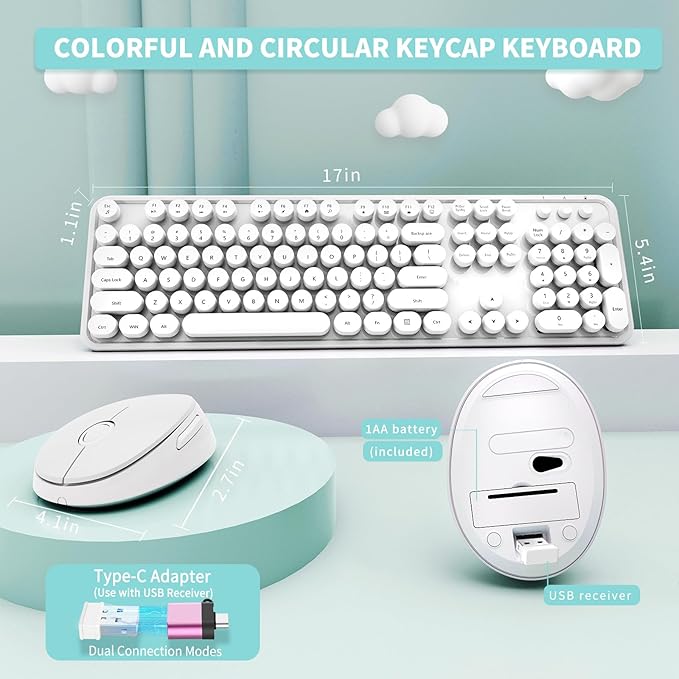 Wireless Keyboard and Mouse Combo, Ergonomic Full Size Typewriter Retro Round Keycaps Keyboard, Compatible with Windows, PC, Perfer for Home and Office Keyboards（White）