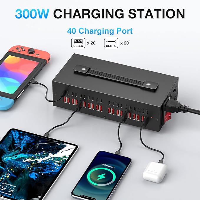 Portable USB~C Charger Block, 300W(40A) 40Port (20 USΒ A & 20 USΒ~C Port) Home USΒ Charging Station for Multiple Devices, Desktop USB Wall Charger Compatible with iPhone, iPad, Kindle, Tablets, Watch