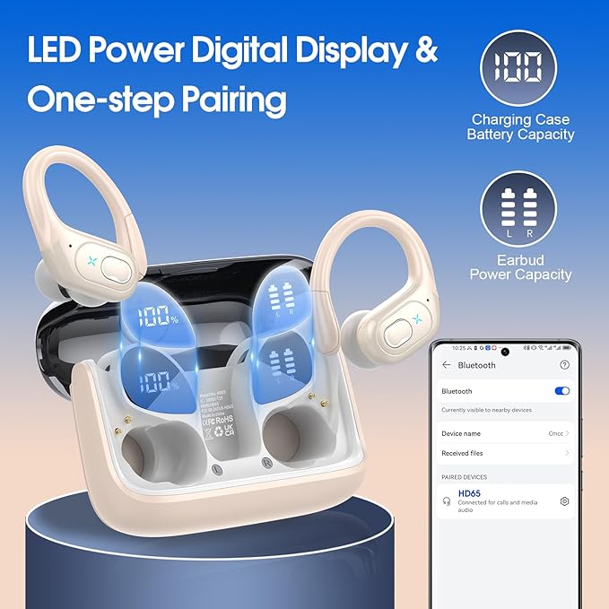 Wireless Earbuds 75hrs Bluetooth 5.4 Headphone Sport, 2026 Bluetooth Earbuds Stereo Deep Bass Over Ear Bud with Earhooks, ENC Noise Cancelling Mic, IPX7 Waterproof Earphone for Gym/Workout, Camel