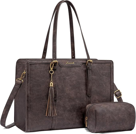 LOVEVOOK Laptop Bag for Women Vintage Leather Laptop Tote 15.6 inch Large Capacity Computer bag with Clutch Purse for Work