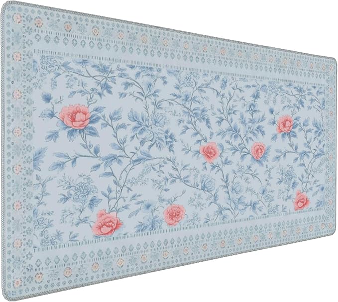 Blue Floral Pattern Mouse Pad XXL Large Anti-Slip Stitched Edges Desk Mat for Women, Home Office Computer Keyboard Desk Pad Mat Cute Aesthetic Office Supplies & Decor
