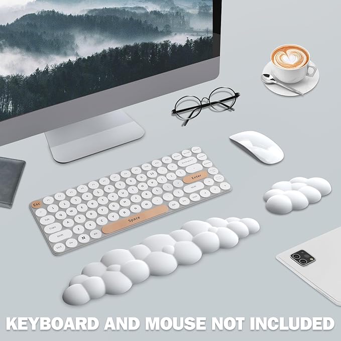 Cloud Keyboard Wrist Rest Pad Set,Enlarge PU Leather Memory Foam Wrist Cushion Support,Easy Typing Pain Relief,Mouse Wrist Rest Pad,Non-Slip Wrist Support for Home, Office,White