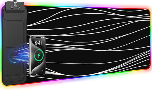 Mouse Pad with Foldable Phone Holder & Wireless Charger, XL RGB Gaming Mousepad 31.5"x11.8" Large Desk Mat for Keyboard, Home Desk Pad with Dual Qi Charging Station | 11 Colors & 5 Modes | Waterproof