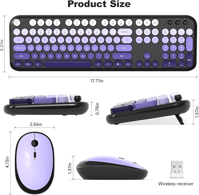 Wireless Keyboard and Mouse, Typewriter Full Size Keyboard with Number Pad and 2 in 1 USB Connected Mouse for Windows 7/8/10, Laptop, Desktop, PC, Computer (Black Purple)