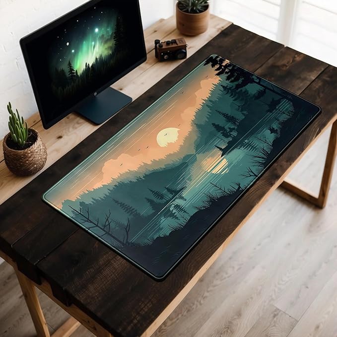Sunset Lake Desk Mat Scenic Forest Large Mouse Pad Extended Gaming Mousepad XXL Green Pine Color Mountain Nature Keyboard Pad Sunset Mountains Landscape Big Mouse Mat Desk Decor 31.5x15.7 in