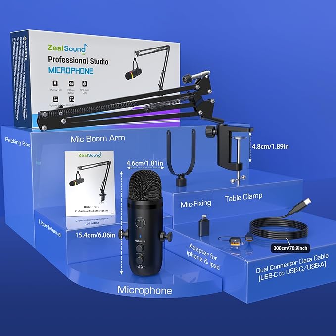 ZealSound Podcast Microphone for PC/Mac/iPhone – USB Studio Mic with Noise Cancellation, RGB Lighting, Mute, Gain, Monitoring & Echo, Boom Arm & Pop Filter, Streaming, Recording, TikTok, YouTube