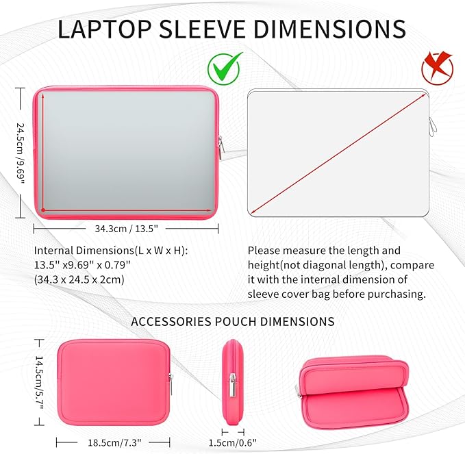 RAINYEAR 14 Inch Laptop Sleeve Case Protective Soft Padded Zipper Cover Carrying Computer Bag with Accessories Pouch, Compatible with 14" Notebook Tablet Chromebook (Bright Pink)