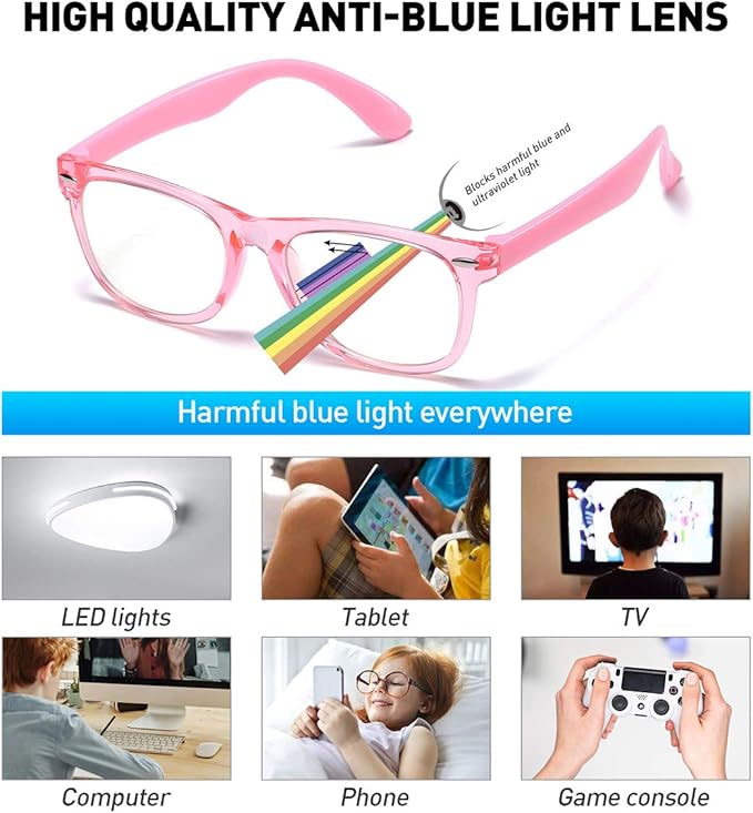 DYLB Kids Blue Light Blocking Glasses Girls Boys 2 Pack, Computer Glasses for Kids Girls Boys Age 3-10,Anti Blue Light & Headache (Transparent Purple + Transparent Pink)