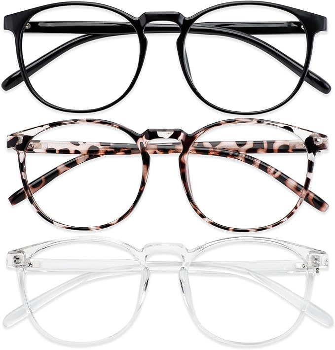 Przene 3 Pack Blue Light Blocking Glasses Women/Men,Retro Round Computer Glasses Anti Eye Strain/UV/Glare, Gaming Glasses. (Black/Crystal/Transparent Amber)