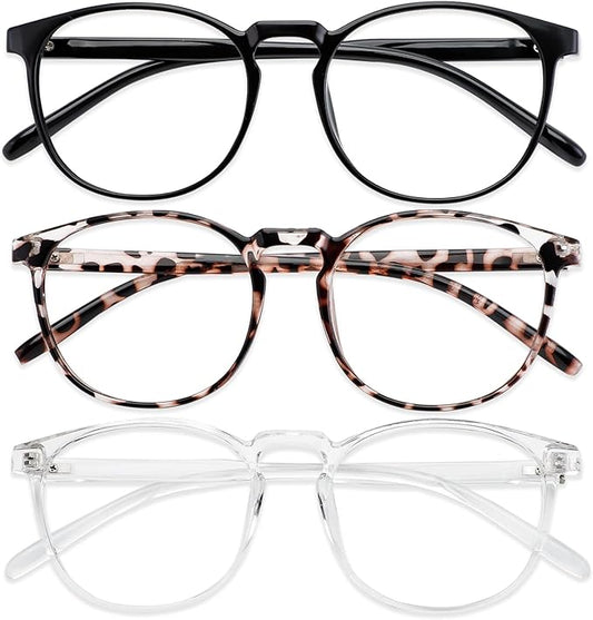 Przene 3 Pack Blue Light Blocking Glasses Women/Men,Retro Round Computer Glasses Anti Eye Strain/UV/Glare, Gaming Glasses. (Black/Crystal/Transparent Amber)