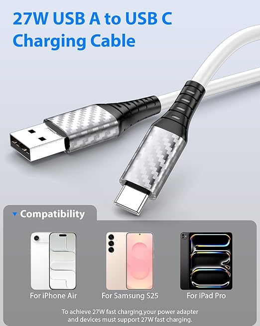 30ft Long USB C Cable to USB A 10W 12W 18W 20W Heavy-Duty Power Extension Cord USBA to USBC Charging for Samsung/Galaxy Note 20 Ultra for Tapo/TP-Link/Xiaomi/Mi/eufy Security CCTV Camera White