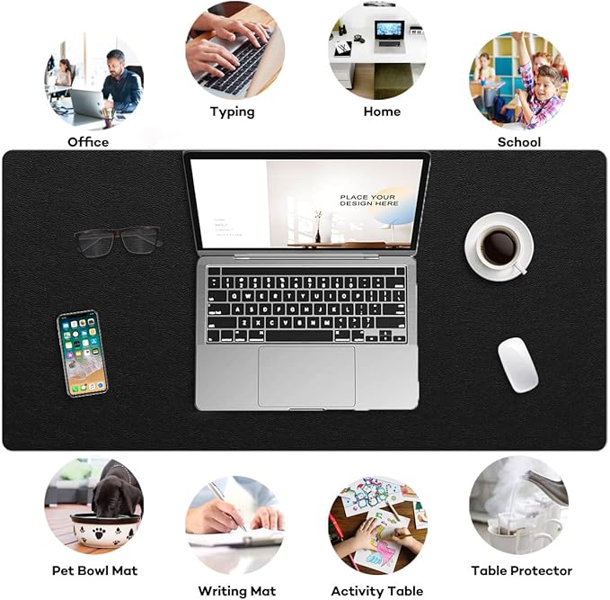 PVC Leather Desk Pad Blotter Ultra Thin Large Mouse Pad Waterproof Laptop Writing Mat Non-Slip Desk Cover Protector (Black, 16" x 32")