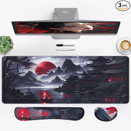 3-in-1 Large Gaming Mouse Pad, Anime Mouse Pad & Keyboard Wrist Rest Support, Memory Foam Ergonomic, Japanese Red Moon Desk Mat Set for Home Office Study Game, 31.5 X 11.8 Inch