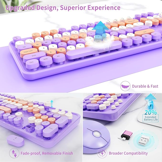 Wireless Keyboard and Mouse Combo, Retro Typewriter Keyboard with Round Keycaps, Full-Size Ergonomic, Purple, Ideal for Windows PC, Home, Office, and College