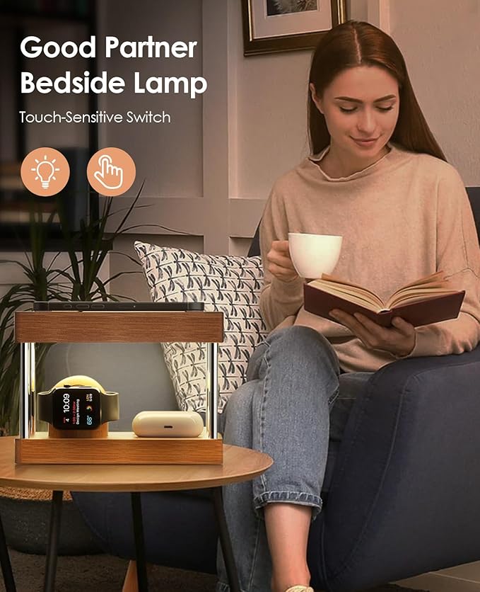 Bamboo Wireless Charging Station with Light: Ideal Gifts for Her Him 4 in 1 Charging Station for Multiple Devices, Bedside Wireless Charger for iPhones 16-8/Pro/AirPods/iWatch