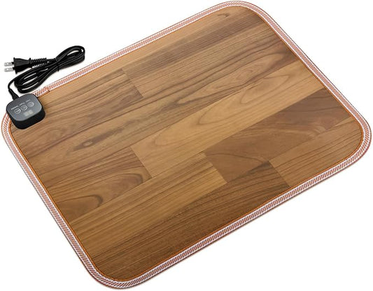 Foot Warmer Under Desk - 15.9x19.9in Heated Floor Mat 110V Adjustable Temperature Electric Heater with Timer for Office Home, Heating Pad for Cold Feet (Brown Wood)