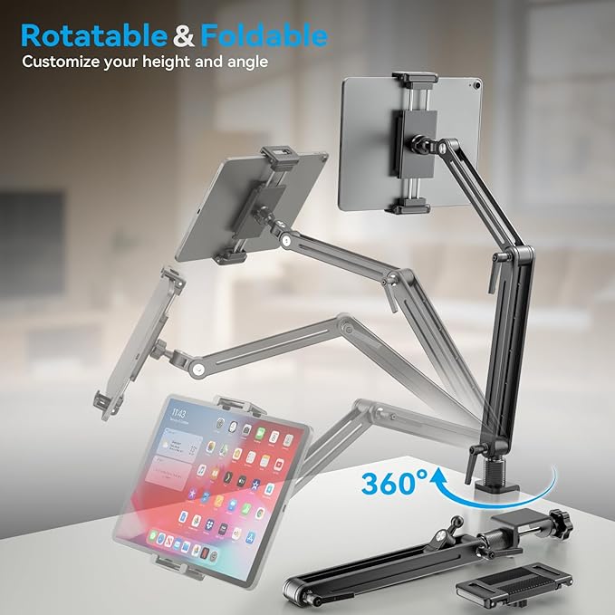 Adjustable Portable Monitor Stand 15.6" - 360° Rotating Base Tall Tablet Desk Arm Holder Stand for iPad Air/Pro/Mini Swivel Flexible Bed Clamp Mount Soporte para Tablet/Monitor Portatil/Ereader