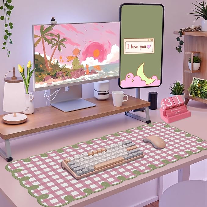Cute Pink Green Scalloped Desk Mat Checkered Large Mouse Pad Kawaii Retro Cozy Vintage Cottagecore Aesthetic Office Desk Decor Stitched Nonslip Pad for Computer Keyboard & Mouse 31 * 15.7in