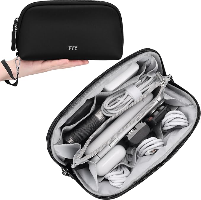 FYY Travel Cable Organizer - 8 Compartments Lightweight Water Resistant Tech Pouch with Wrist Strap Portable Electronic Accessories Case for Cord Charger Storage for Travel Home Office Black (Medium)