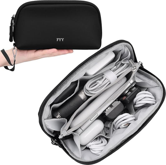 FYY Travel Cable Organizer - 8 Compartments Lightweight Water Resistant Tech Pouch with Wrist Strap Portable Electronic Accessories Case for Cord Charger Storage for Travel Home Office Black (Medium)