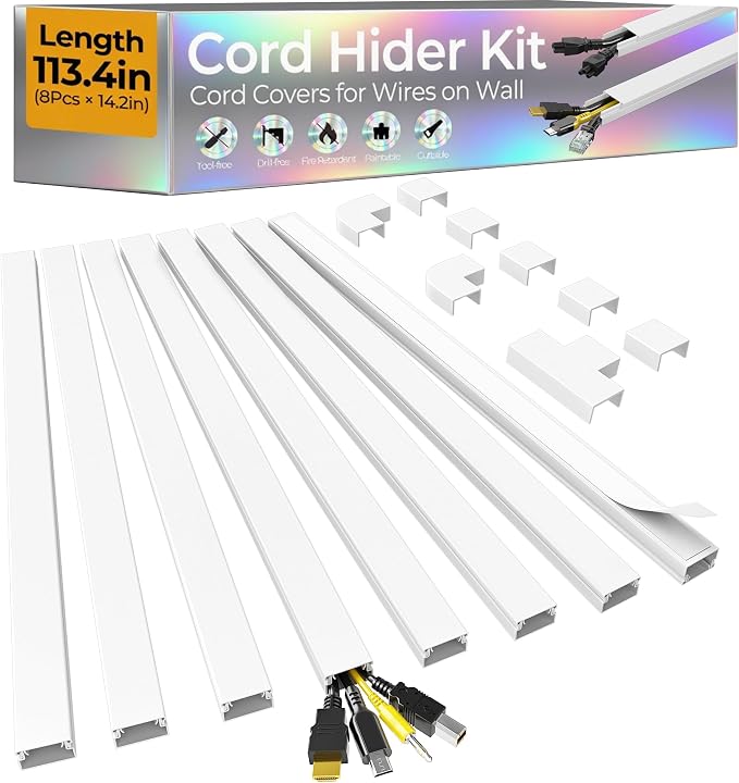 113.4in Cord Hider Kit, Cord Covers for 2-4 Wires on Wall, Self-Adhesive Cable Hider Wire Covers for Cords on Wall, Paintable Cord Hider for Walls Mount Tv, Cable Cover Raceway, W0.95 H0.55in, White by Wuitaouy